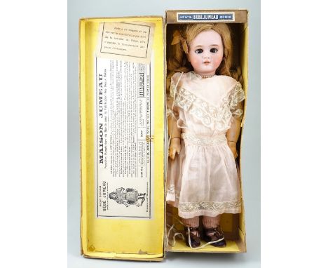 Tete Jumeau DEP all original bisque head doll in original box, size 8, French circa 1900, with weighted blue/grey glass eyes,