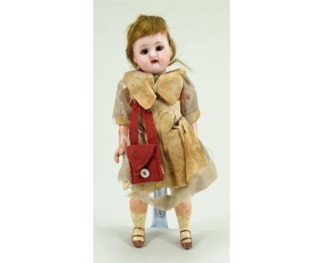 Small bisque head K&amp;R doll, German circa 1905, with weighted glass eyes, painted features and open mouth, on 5-piece comp