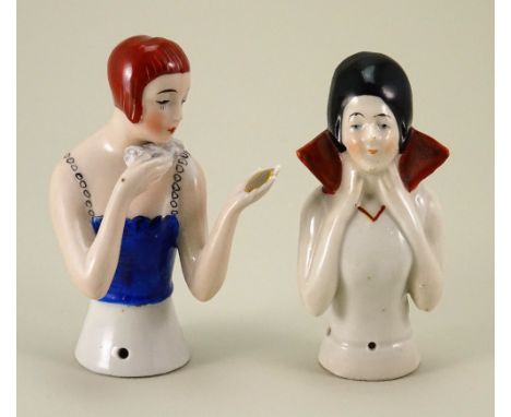 Glazed china Flapper half-doll holding mirror and powder-puff, with short red hair wearing blue top with shoulder straps, pos