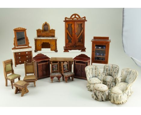 Collection of wooden dolls house furniture, German circa 1900, including cherry wood dressing table with marble top, 6” (15cm