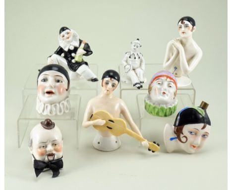 Pierrette and Pierrot glazed china half-dolls and pin cushions, Dressel &amp; Kister Pierrette with black skull cap finely pa