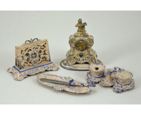 Rococo style painted soft metal miniature writing desk set, circa 1900, all painted in cream with blue pattern and including 