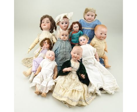 Collection of various bisque head dolls, German circa 1910-20, including a Gebruder Heubach 7804 character baby with open/clo