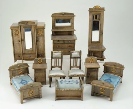 Good suite of wooden Art Nouveau Bedroom Dolls House furniture, German 1890s, stained wooden furniture includes two single be