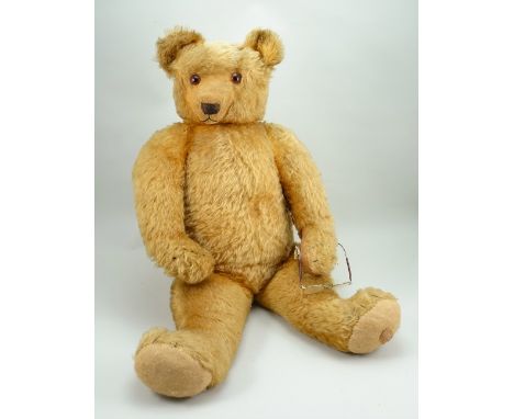 Large Chad Valley Teddy bear, English 1930’s, golden mohair bear with orange glass eyes, clipped muzzle and brown stitched no