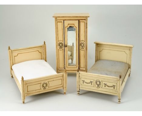 Rare Doll House beds and wardrobe by Paul Leonhardt, 1920s, cream painted wooden beds and wardrobe with hinged mirror door al