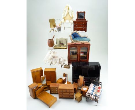 Collection of dolls house furniture and miniatures, including black tin-plate cooking range, (6” (15cm) tall, gilt soft metal