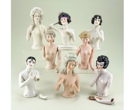 Various larger size bisque and glazed china half-dolls, larger size bisque lady with grey hair arms to the front, 5 ¼” (13cm)