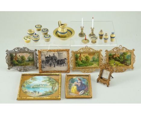 Early painted wooden kitchenware, painted in cream and blue including pair of turned candle sticks, ¾” (2cm) tall, wash basin