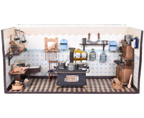 Painted wooden Kitchen room set, German circa 1900, the exterior painted in red brick and with painted windows and green pane
