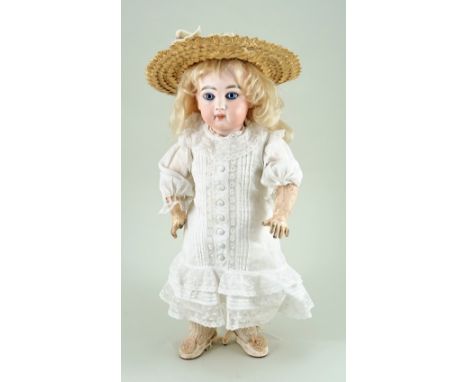 Emile Jumeau bisque head Bebe doll, size 6, French circa 1885, beautiful pale bisque head with fixed blue glass paper-weight 