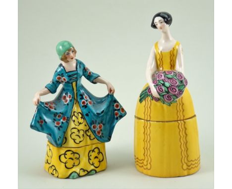 Two glazed china French deco Lady dressing table boxes, 1920s, lady wearing yellow dress with pleat decoration, holding large