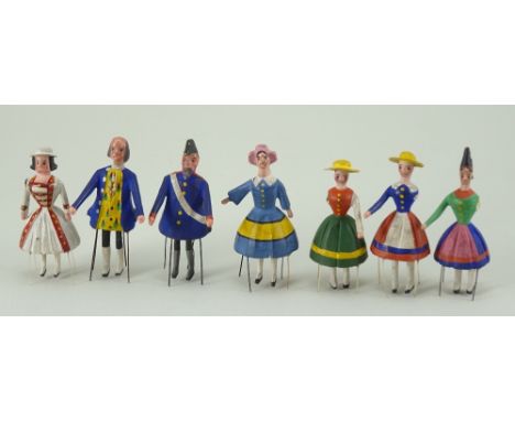 Eight Erzgebirge&nbsp;Bristle Piano Dancing figures, 1860-80, brightly painted suspended wooden figures with moving legs, Sea