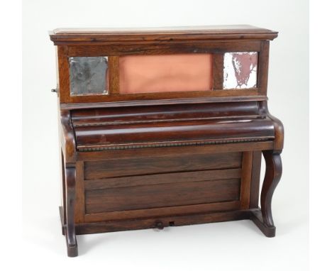 An unusual wooden upright piano sewing box or Necessaire, English 19th century, the polished wooden piano with hinged lid to 