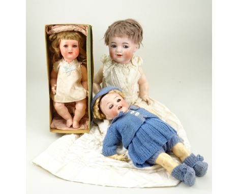 Simon &amp; Halbig 126 bisque head baby doll, German circa 1910, with blue glass ‘flirty eyes’, open mouth with tongue and or