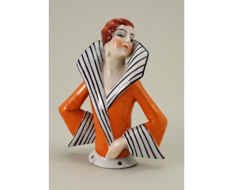 Fine larger size glazed china red haired Art-Deco Lady half-doll, head posed to one side with finely painted features, wearin