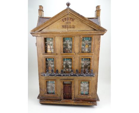 ‘Edith Villa 1878’ a charming English painted wooden Dolls House, the sandstone painted façade and painted brick effect sides