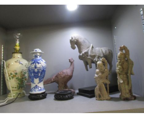 A mixed selection of oriental items to include a blue and white baluster vase and cover, two Shou Hao soapstone figures, Sats