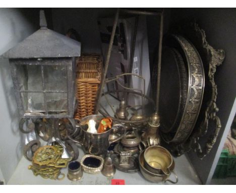 Silver plate metalware and wine related items to include trays, a wine funnel and lamp and other items 