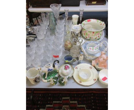 Mixed cut glass to include wine and sherry glasses, together with a small Wade mug and mixed ceramics 