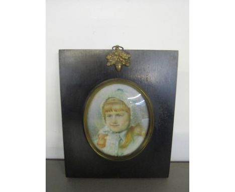 An Edwardian miniature portrait watercolour of a young girl waving a head covering, glazed frame, unsigned 