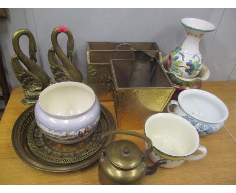 Ceramics and metalware to include a pair of reproduction brass door stops, brass trays ceramic planters and other items 