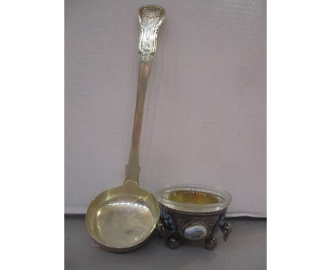 A Scottish silver sauce ladle, together with a continental white metal bowl having three painted plaques and turquoise decora