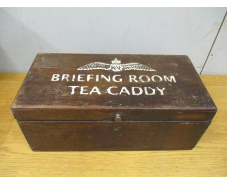 An RAF Briefing Room tea caddy with hinged lid and brass lock, 16cm h x 40 cm w x 20 cm deep 