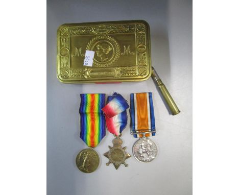 A WWI 1914-15 three medal campaign group named to 3473 Pte C Bates, Middlesex regiment, along with a 1914 Christmas box conta