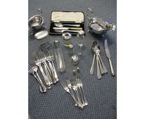 Silver topped dressing table bottles, together with silver plated examples, two silver thimbles, mixed silver plate, cutlery 