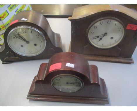 Three early 20th century mantle clocks to include an Edwardian mahogany inlaid clock having Breguet style hands and Arabic nu