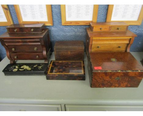 A selection of wooden boxed to include a Victorian papermache glove box, two miniature chests in the form of Scottish chests 