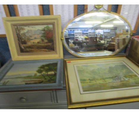 A group of framed pictures and a wall mirror to include an oval neo-classical style brass framed wall mirror, a signed limite