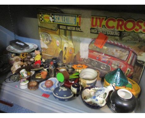 A mixed lot to include a boxed Scalextric, Wedgewood Jasperware, binoculars, fishing reel, miniature Doulton cup and other it