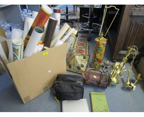 A mixed lot to include a brass effect three branch chandelier, a table lamp, Tiffany style lamp shade, a Goodman's portable D