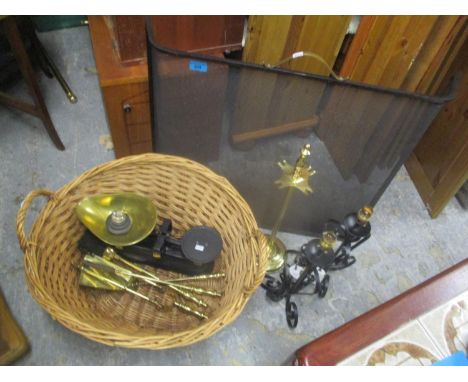 A mixed lot to include a wicker basket, fireside implements, weighing scales, two table lamps, a fire-screen and other itemsL