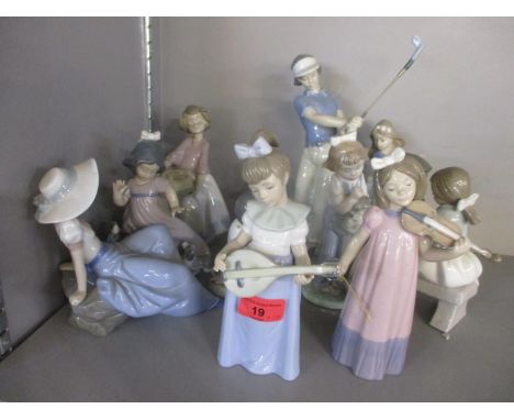 A collection of ten Nao porcelain figures, to include examples modelled as children, a golfer and maidens 