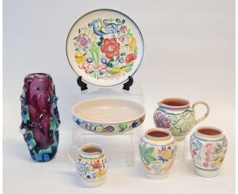 PAIR OF POOLE POTTERY FLORAL DECORATED OVOID VASES, impressed marks and No. 113, 5" (12.7cm), very similar SHALLOW BOWL, 8 1/