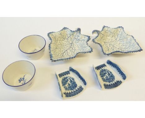 A PAIR OF CROWN DERBY LATE 18TH CENTURY PORCELAIN 'PATTY PANS' with simple blue floral decoration to interior and exterior, o