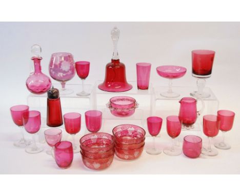 TWENTY SIX PIECES OF CRANBERRY AND RUBY GLASS COMPRISING; BELL, 9" (22.8cm) high, SMALL EWER with clear stopper, SET OF SIX V