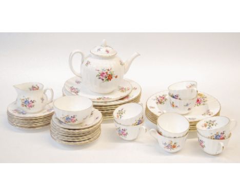 FORTY PIECE ROYAL WORCESTER 'ROANOKE' PATTERN CHINA DINNER AND TEA SERVICE FOR EIGHT PERSONS, floral printed, comprising; 8 c