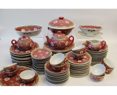 AN EXTENSIVE TWENTIETH CENTURY CHINESE CANTON PORCELAIN PART DINNER AND TEA SERVICE, originally for 12 persons, 89 pieces, ma