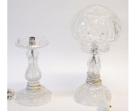 CUT GLASS TABLE LAMP, with domed shade ovoid stem and domed foot, 16" (40.7cm) high, TOGETHER WITH A SIMILAR VASE, 10 3/4" (2