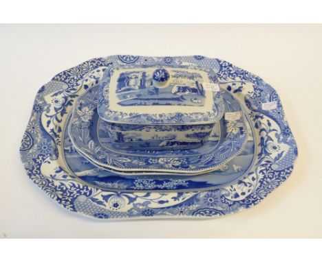 SPODE BLUE AND WHITE ITALIAN MEAT PLATTER of octagonal form, 16" (40.6cm) wide, TWO SMALLER DITTO Lucano and Greek designs, a