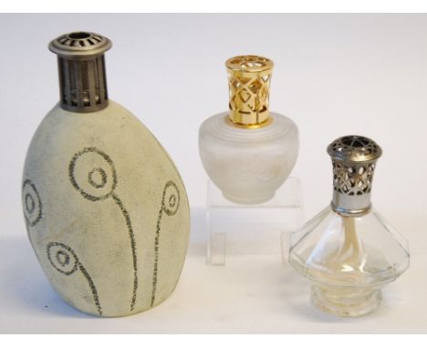 BERGER TYPE LAMP, with frosted glass shouldered ovoid body and gilt lantern top, 5 1/4" (13.4cm) high,  ANOTHER WITH CLEAR MO