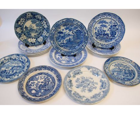 SEVEN NINETEENTH CENTURY BLUE AND WHITE PRINTED POTTERY PLATES, TOGETHER WITH A SIMILAR MODERN SET OF NINE PLATES from 'The S