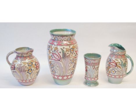 FOUR MATCHING PIECES OF H.J. WOOD, BURSLEY WARE CHARLOTTE RHEAD DESIGNED TUBE LINE DECORATED POTTERY, the lustre glaze attrac
