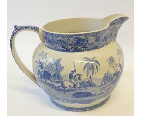 SPODE BLUE AND WHITE 'INDIAN SPORTING' PATTERN ORBICULAR LARGE JUG OR TOILET JUG, 13 1/2" (34.3cm) wide over the handle, 9 1/