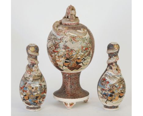 JAPANESE MEIJI PERIOD THREE PIECE SATSUMA POTTERY GARNITURE, comprising; PEDESTAL VASE,  WITH COILED DRAGON PATTERN FINIAL TO