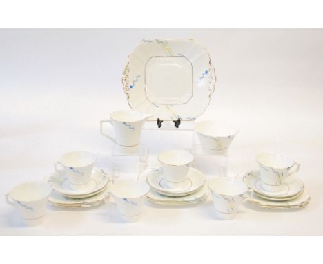 TWENTY ONE PIECE RADFORD CHINA ART DECO TEA SET FOR SIX PERSONS, painted in yellow and blue with stylised zig zag patterns, w